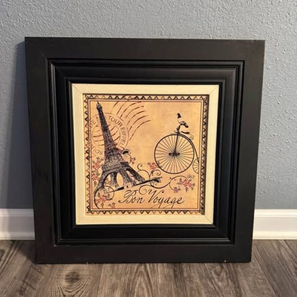 Eiffel Tower Bon Voyage Framed Art with Bicycle 21x21 in